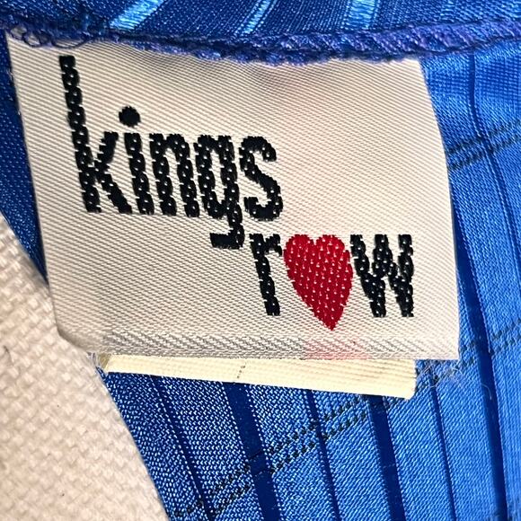 Vintage 80s Kings Row Blue Shirred Satin Stripe Dress Back Zip Shoulder Pads - Picture 8 of 10